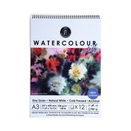 Art Essentials Watercolour Artist A3 (29.7 cm x 42 cm) Natural White Fine Grain / Cold Press 300 GSM Paper Short- Side Glued, Spiral Pad of 12 Sheets