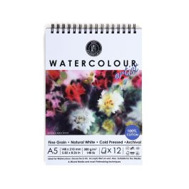 Art Essentials Watercolour Artist A5 (14.8 cm x 21 cm) Natural White Fine Grain / Cold Press 300 GSM Paper Short- Side Glued, Spiral Pad of 12 Sheets