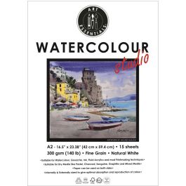 Art Essentials Watercolour Studio A2 (42 cm x 59.4 cm) Natural White Cold Press / Medium Surface 300 GSM Paper, Pad of 15 Sheets