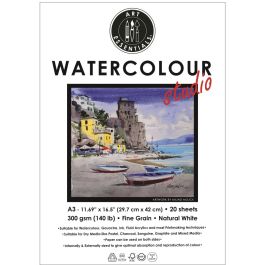 Art Essentials Watercolour Studio A3 (29.7 cm x 42 cm) Natural White Cold Press / Medium Surface 300 GSM Paper, Pad of 20 Sheets