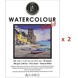 Art Essentials Watercolour Studio A4 (21 cm x 29.7 cm) Natural White Cold Press / Medium Surface 300 GSM Paper, 2 Pads of 20 Sheets