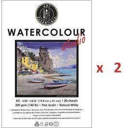 Art Essentials Watercolour Studio A5 (14.8 cm x 21 cm) Natural White Cold Press / Medium Surface 300 GSM Paper, 2 Pads of 20 Sheets