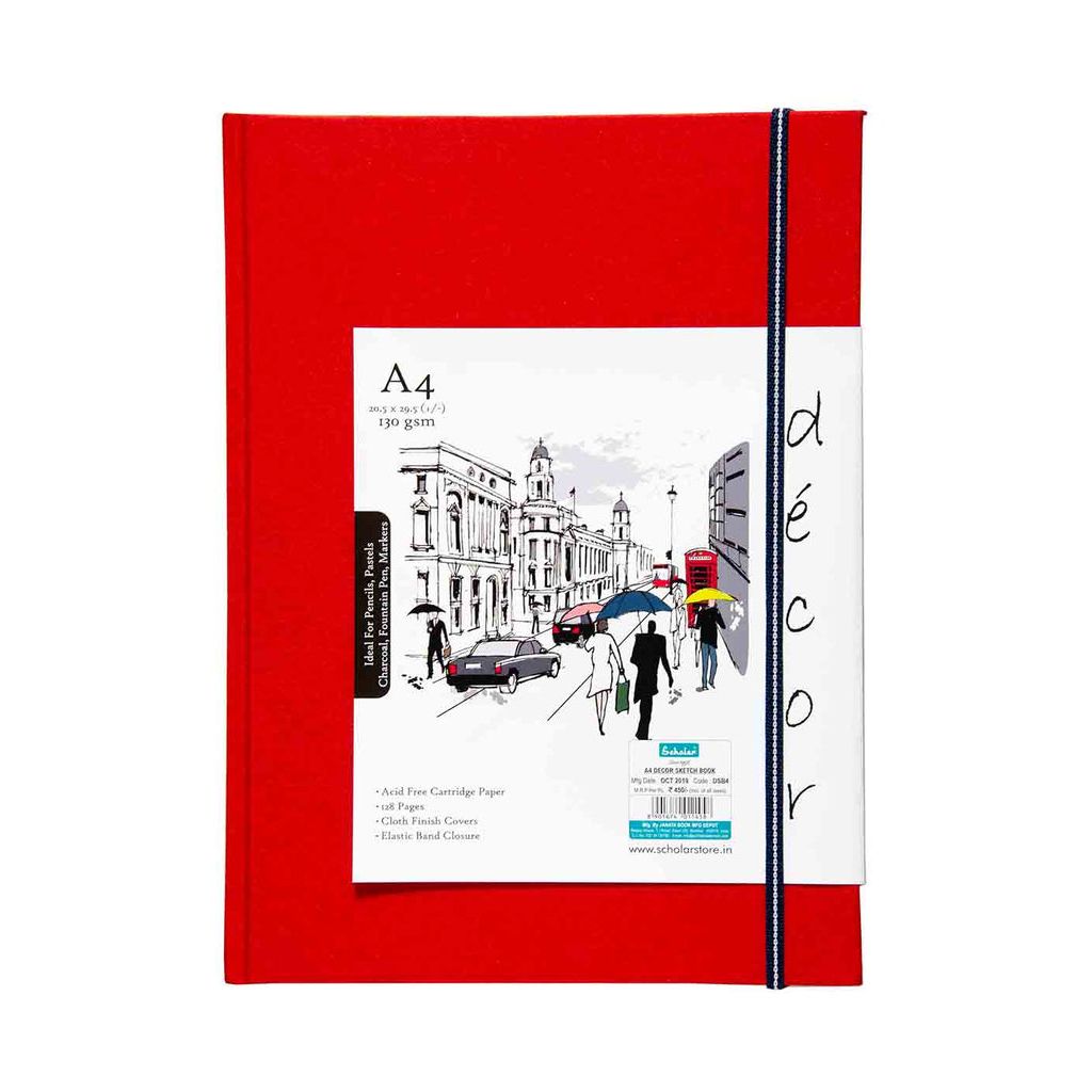 Scholar Artists' Sketch Book Décor - A4 (29.7 cm x 21 cm or 8.3 in x 11.7 in) Natural White Medium 150 GSM, Cloth Finish Red Cover Journal of 56 Sheets