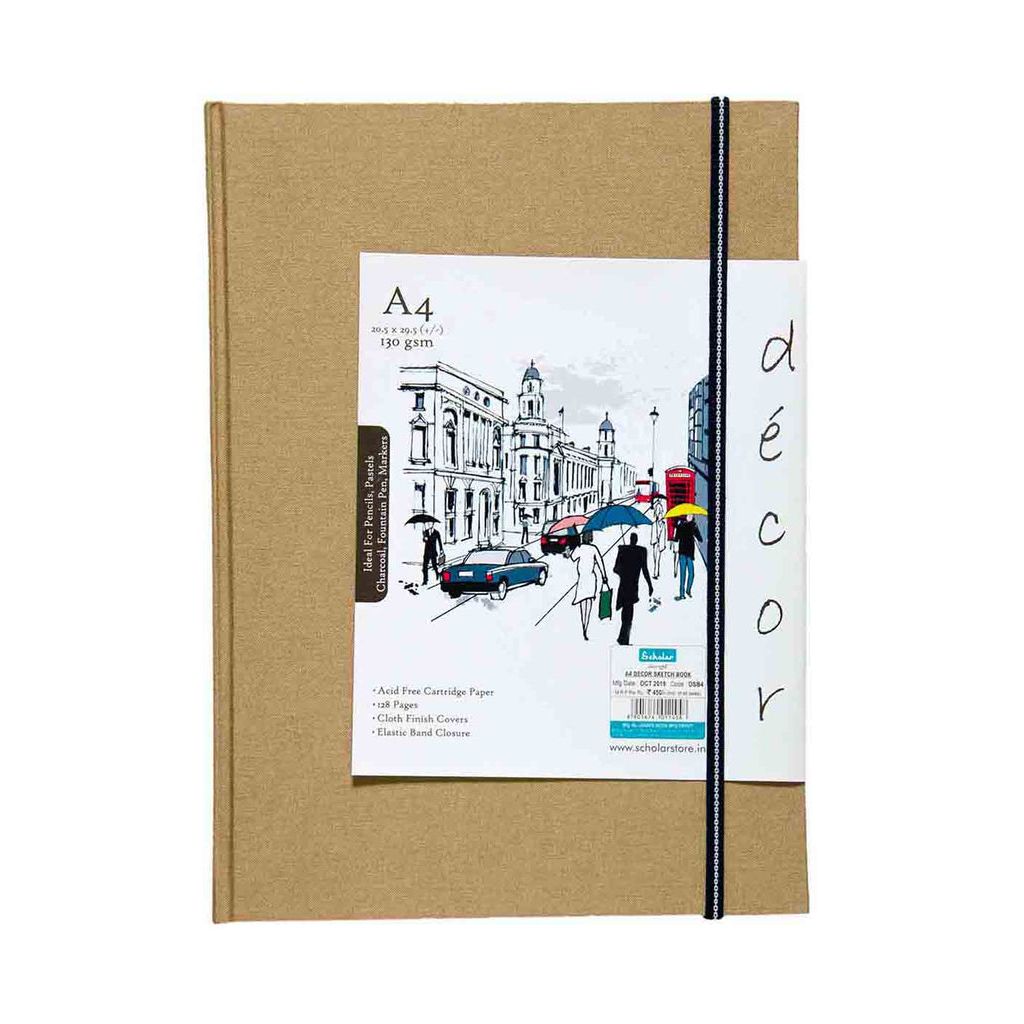 Scholar Artists' Sketch Book Décor - A4 (29.7 cm x 21 cm or 8.3 in x 11.7 in) Natural White Medium 150 GSM, Cloth Finish Khakhi Cover Journal of 56 Sheets